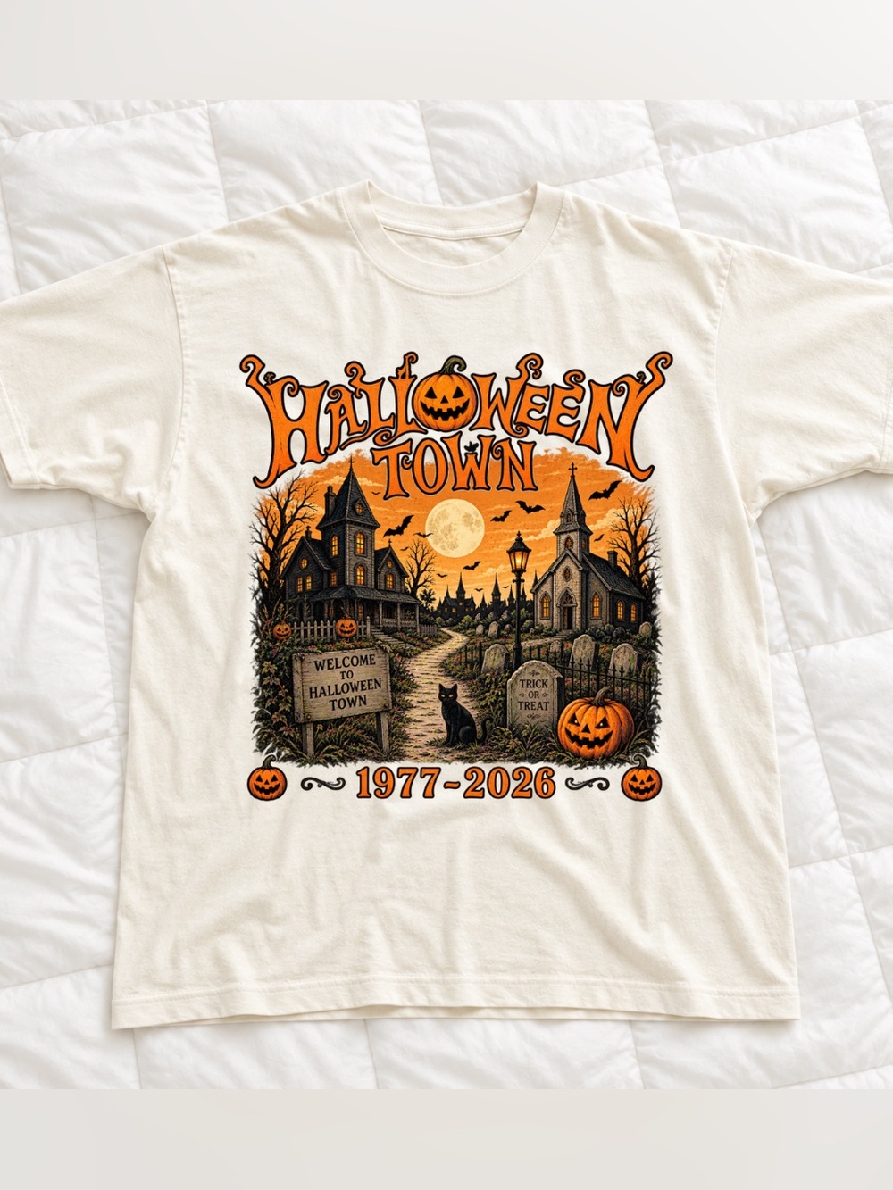 Gildan Cream Halloween Town Graphic Tee, Retro Pumpkin Moon And Cat Accents Tee